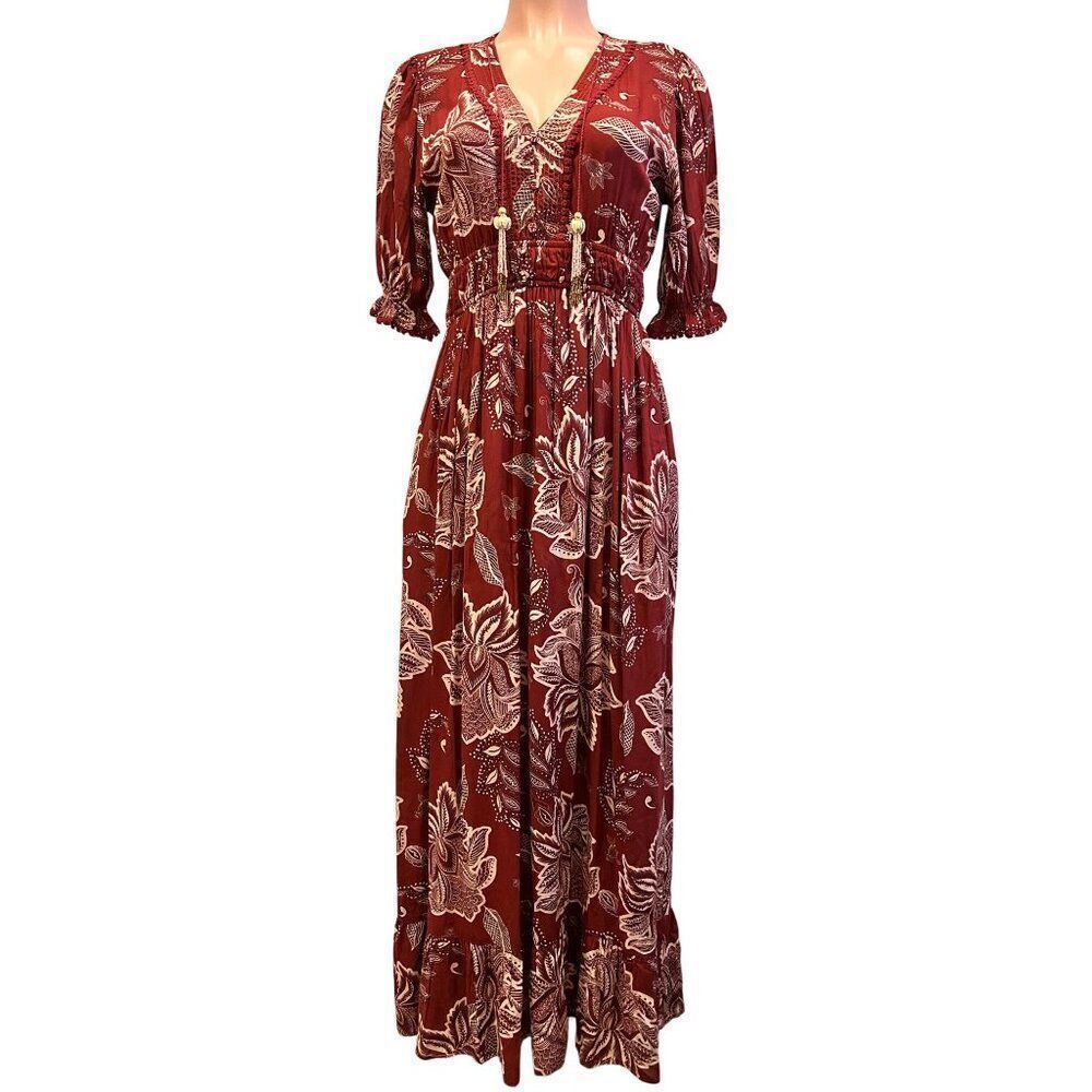 Sal Rosa Bali Maxi Dress Red Floral Tassel Tie Waist Boho Resort Size S NWT